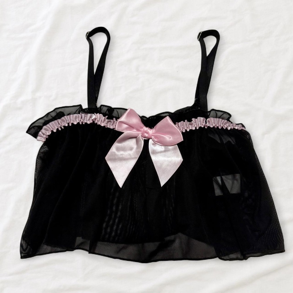 ROMWE Black Sheer Mesh Pink Bow Babydoll Cami Top